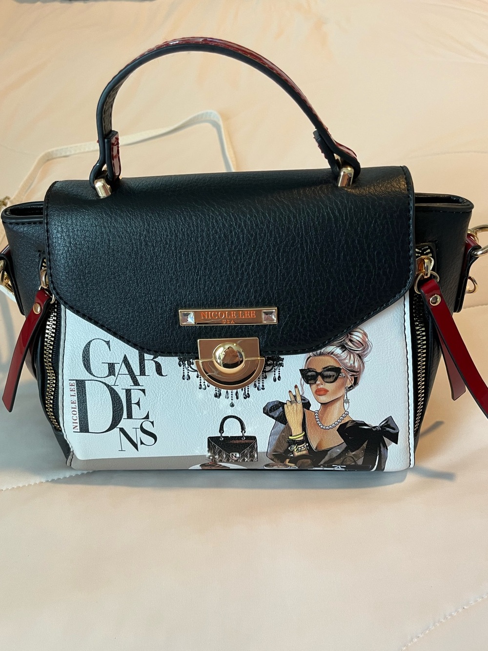 Nicole Lee Lady In Black Graphic Mini Handbag Gardens Crossbody Satchel Purse